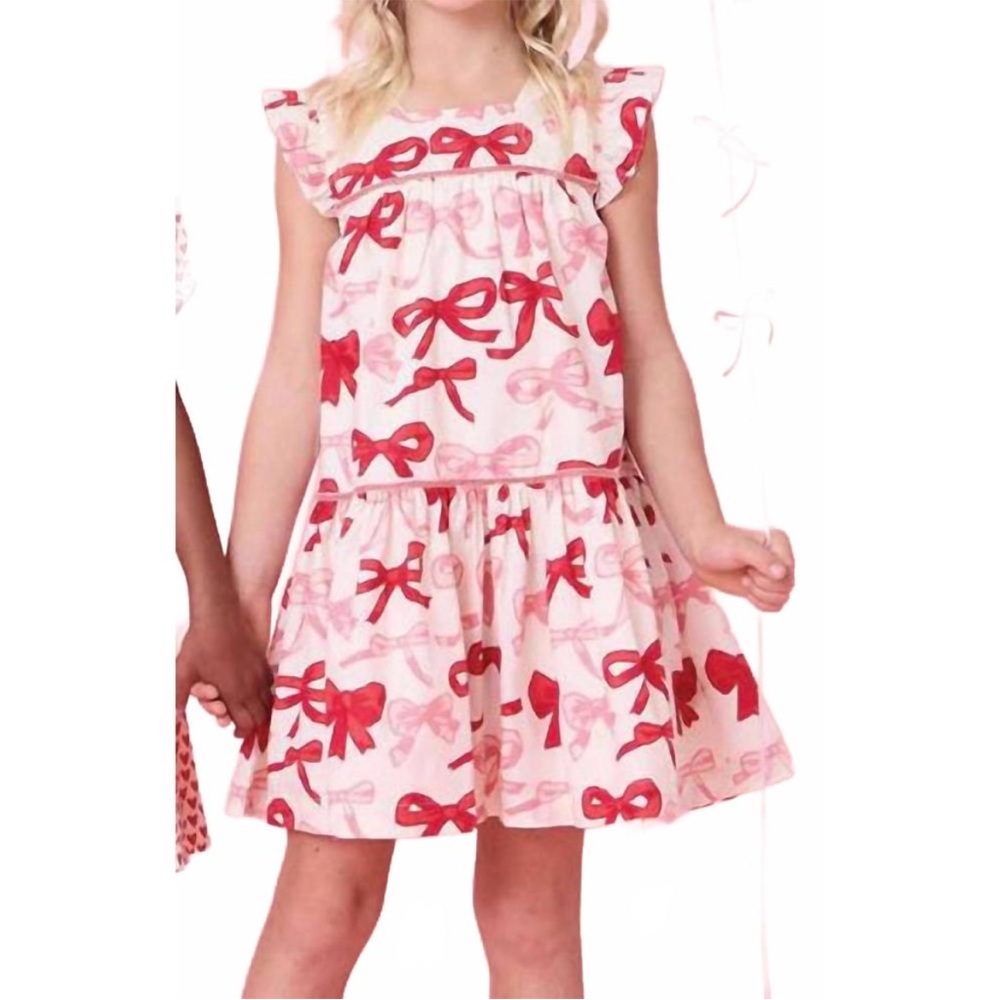 Pink Chicken Red Bow Print Dress